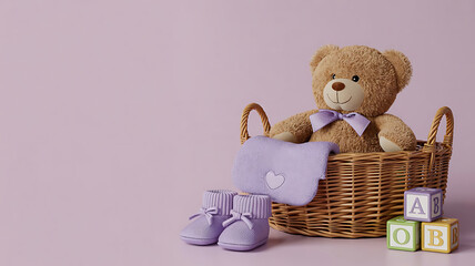 Teddy Bear with Baby Booties and Blocks in Wicker Basket on Soft Purple Background