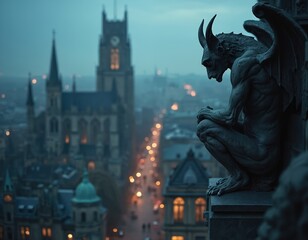 Gargoyle statue watches city lights below at dusk. Gothic architecture on building skyline. Dark sky, misty atmosphere. Stone guardian perched high above town.