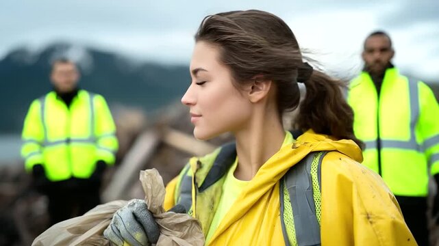 environmental volunteer in gloves carrying collected plastic waste, neon green bag and backpack, scenic mountains and water background, eco-friendly action captured in high resolut