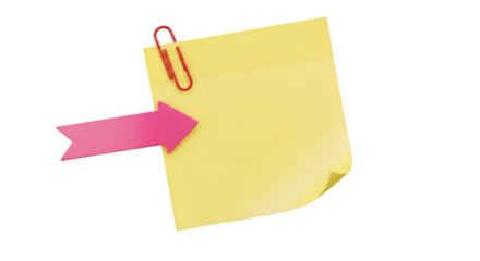 Yellow sticky note with red paperclip and pink arrow