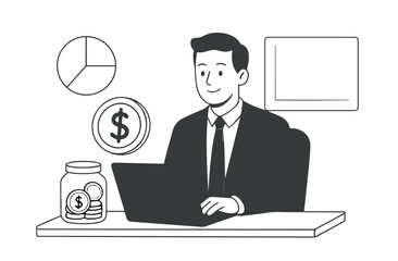 Businessman with Laptop and Finance Graph Vector Illustration