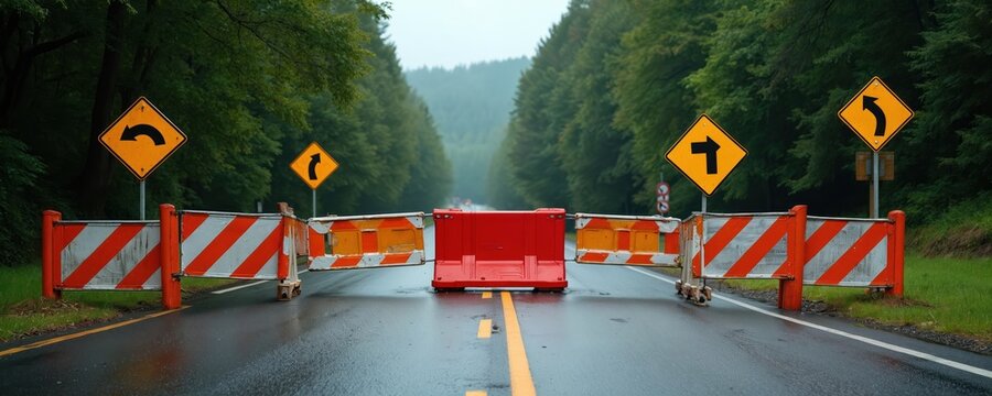 Road blocked by red barriers and warning signs. Traffic signs show detour directions. Wet asphalt road with yellow lines. Green trees on both sides. Construction or roadwork ahead.