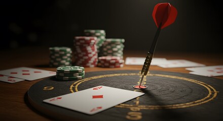 Dart on Target, Poker Chips, and Playing Cards on Table