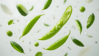 Fresh green vegetables and droplets in mid-air against a white background, studio shot