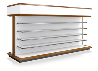 Retail white gondola shelving with wood-grain edges, topper and clear shelves. 3d illustration on white background