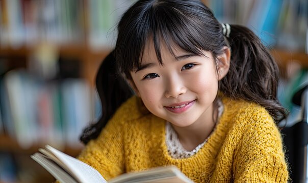 a cute little girl in an electric wheelchair is smiling and reading books at the library - Powered by Adobe