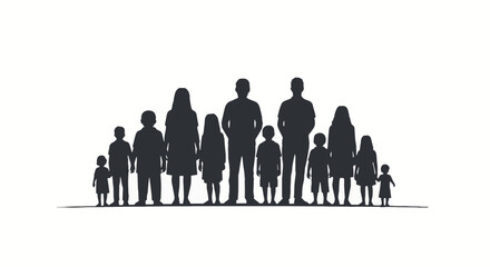 Diverse group of black silhouettes: men, women, and children of various ages, representing community, population, and unity.