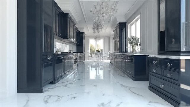 Elegant kitchen interior with dark cabinets and marble flooring