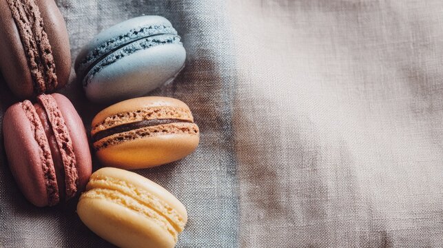 Colorful Delicate Macarons Arranged on a Soft Fabric Background