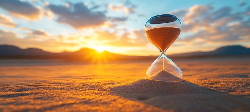 An hourglass rests in desert sand as the sun sets, reflecting the passage of time in a scenic view