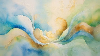 Abstract watercolor painting with flowing organic shapes in soft pastel blues yellows and greens