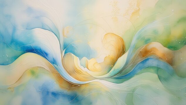 Abstract watercolor painting with flowing organic shapes in soft pastel blues yellows and greens