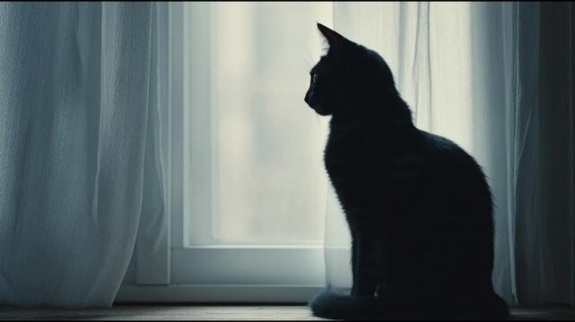 Ultra-clean cinematic shot of a black cat silhouette sitting near a window with faint moonlight, halloween 