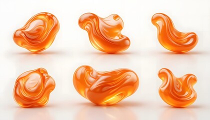 Six abstract, fluid, amber-colored organic forms float against a white background