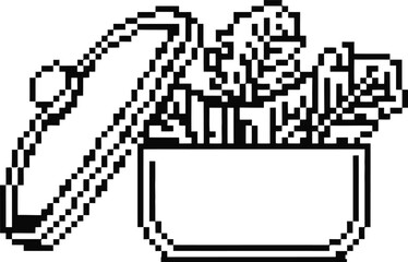 Pixel art illustration of a skateboard and a bowl of french fries