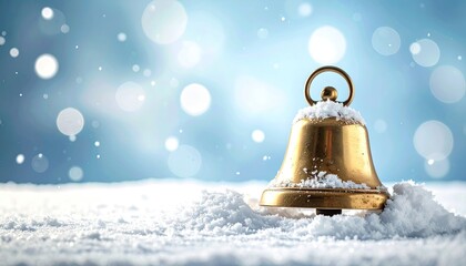 Golden Bell Covered in Snow on a Winter Blue Background with Bokeh Lights and Sparkling Snowflakes for Holiday Season Card
