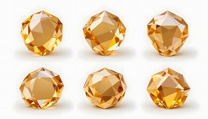 Six faceted gems of varying shapes in warm, amber tones, arranged on white