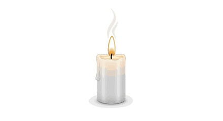Solemn lit white candle with glowing flame, melted dripping wax, and wisp of smoke, symbolizing remembrance, spirituality, and All Saints Day.