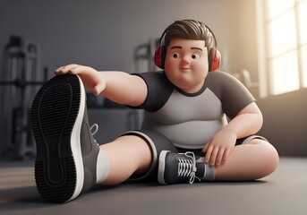 Overweight autistic child boy doing stretching exercise on mat with noise cancelling headphones at gym representing inclusion ADHD awareness therapy and motor coordination