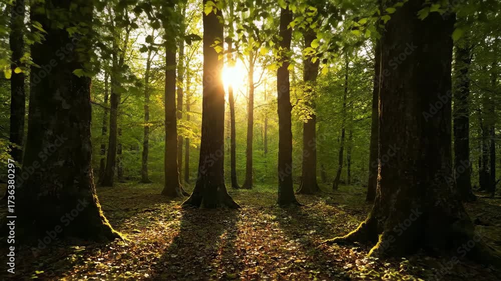 Wall mural sunlight filtering through a dense forest canopy, creating moving light and shadow patterns in a pea