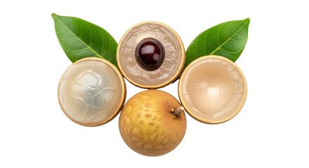 Isolated, close-up view of a bunch of longan fruits with leaves on no background