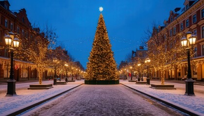 Naklejka premium Snow-covered town square with grand decorated Christmas tree, glowing fairy lights, and festive garlands on lampposts in a serene evening glow. Perfect for holiday branding and World Peace Day visuals