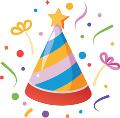 Obraz premium Colorful party hat surrounded by confetti and ribbons, a cheerful festive illustration