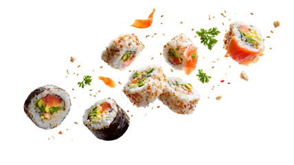 Fresh sushi rolls with rice seaweed and seafood showing traditional Japanese food detail isolated on white background