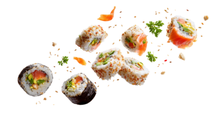Fresh sushi rolls with rice seaweed and seafood showing traditional Japanese food detail isolated on white background