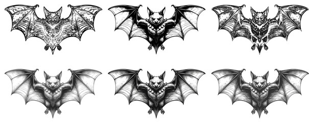 Set of bat illustrations in gothic black and white style with multiple variations. Perfect for use in tattoo design, gothic artwork, Halloween decorations, rock and metal band posters