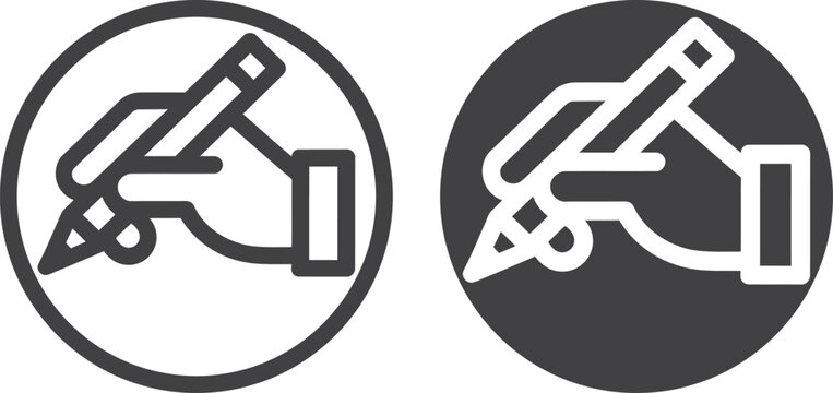Hand writing with pen icon in circle black and white