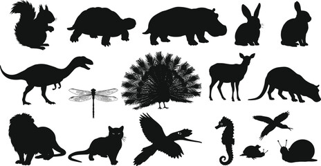 Animal silhouette collection, diverse wildlife vector, prehistoric and modern species, insects, birds, aquatic and land animals, educational nature icon set