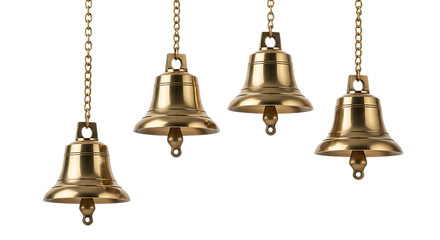 Four polished brass bells hanging from metal chains creating a festive sound ensemble