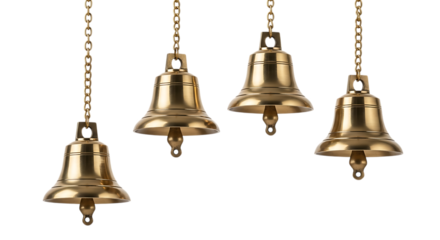 Four polished brass bells hanging from metal chains creating a festive sound ensemble