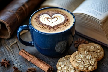 A navy blue ceramic coffee mug showcasing heart-shaped latte art, surrounded by a cinnamon stick, oatmeal cookies, and a leather-bound book with a ribbon marker, all lit by soft morning light 