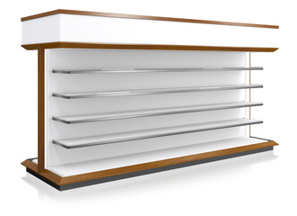 Retail white gondola shelving with wood-grain edges, topper and clear shelves. 3d illustration transparent background