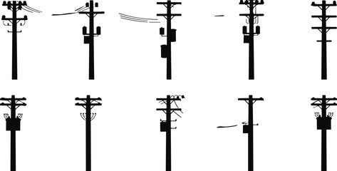 Utility pole silhouette set, electrical infrastructure vector icons, power line crossarm designs, urban energy distribution elements, black isolated technical illustrations