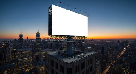 Blank Rooftop Billboard Mockup Dominating a Luminous Twilight Cityscape.