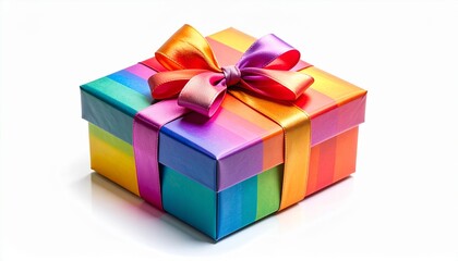 Colorful Wrapped Gift Box with Shiny Ribbon on White Background, Professional Realistic HD Stock Photo