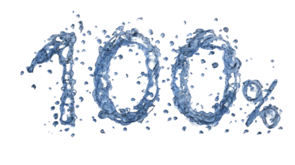 Number 100 percent made of water splash with blue liquid typography showing dynamic fresh fluid symbol detail isolated on white background