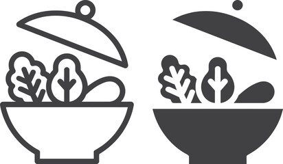 Two styles of salad bowl icon with lid open showing fresh lettuce leaves