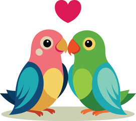 Cute colorful lovebirds with heart icon, Romantic lovebird illustration with heart symbol