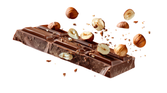 Broken chocolate bar with sweet brown cocoa pieces showing tasty dessert candy chunk detail isolated on white background