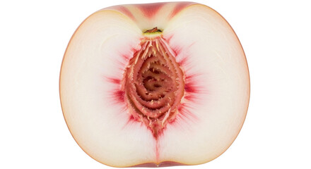 Isolated half peach shows juicy pit, cut fruit ready for eating, dessert ingredient or snack