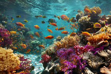 Sunlit Underwater Kaleidoscope: Vibrant Coral Reef Bustling with Colorful Tropical Fish.