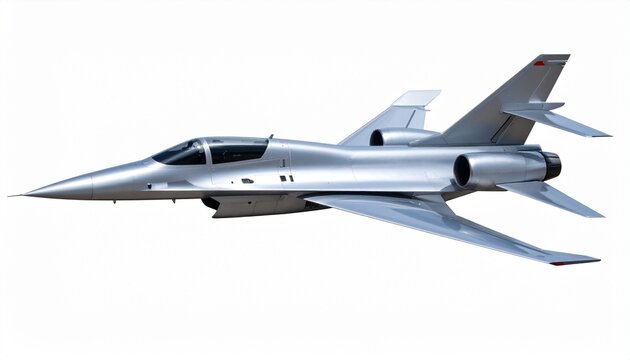 A futuristic supersonic jet with long sharp nose, delta wings, polished metallic silver surface, and powerful rear engines isolated on white background
