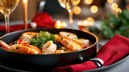 Fototapeta na wymiar Elegant Spanish Christmas table with seafood bake centerpiece, candles, cava glasses, and red napkins, joyful family holiday dinner,