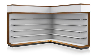 Freestanding retail display unit on white background. White gondola shelving with wood-grain edges and topper. 3d illustration