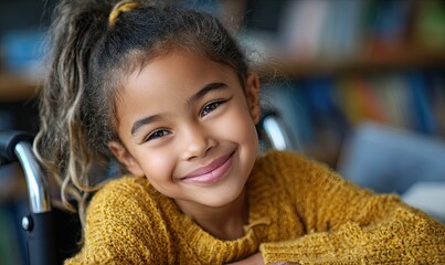 a cute little girl in an electric wheelchair is smiling and reading books at the library