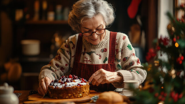 Grandmother slicing a freshly baked cranberry tart, preparing for a festive holiday gathering, symbolizing generations sharing homemade treats and warm Christmas traditions in a cozy kitchen setting